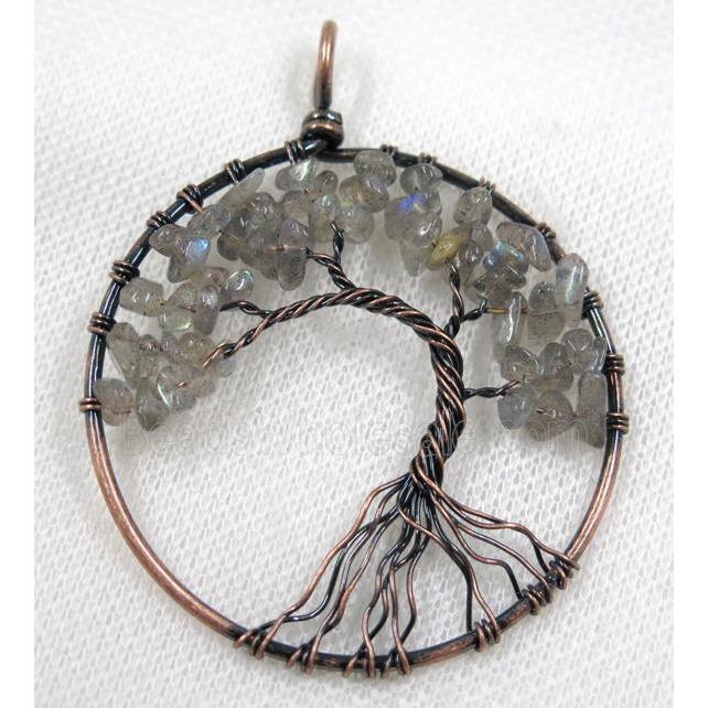 Labradorite Chips Pendant Tree Of Life Wire Wrapped Circle Antique Red