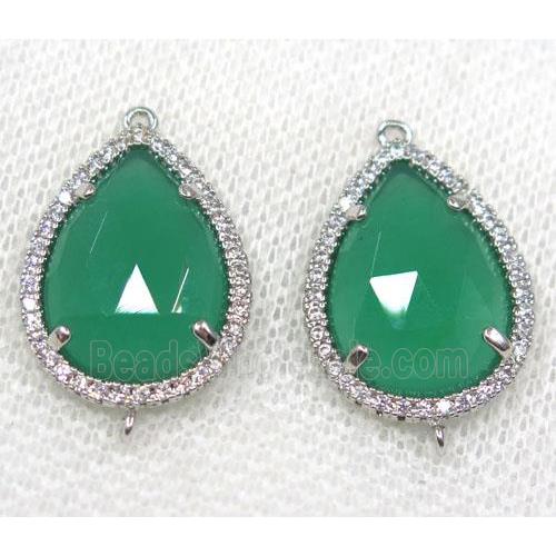 green crystal glass connector paved rhinestone, faceted teardrop, platinum plated