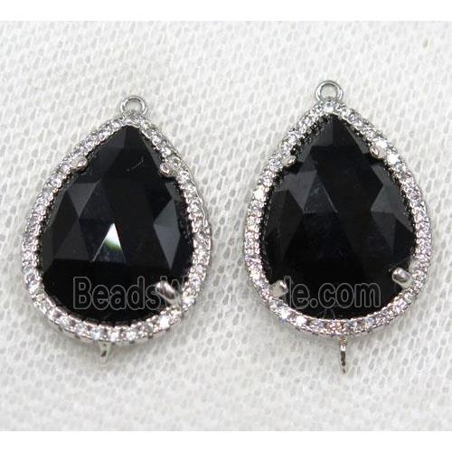 black crystal glass connector paved rhinestone, faceted teardrop, platinum plated