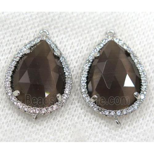 smoky crystal glass connector paved rhinestone, faceted teardrop, platinum plated