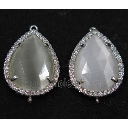 white crystal glass connector paved rhinestone, faceted teardrop, platinum plated