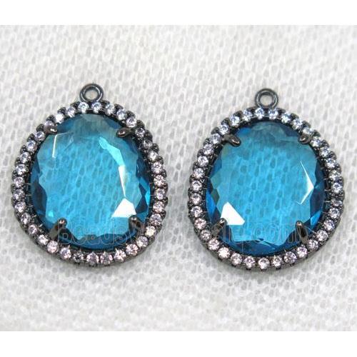 blue crystal glass pendant paved rhinestone, faceted teardrop, black plated