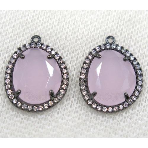 pink crystal glass pendant paved rhinestone, faceted teardrop, black plated