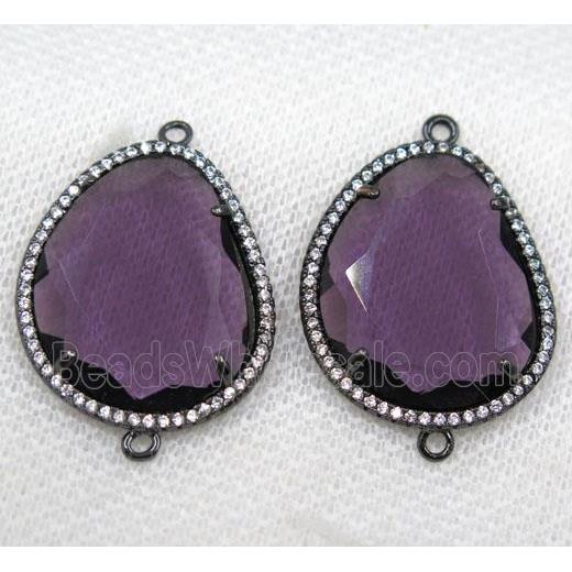 purple crystal glass connector paved rhinestone, faceted teardrop, black plated