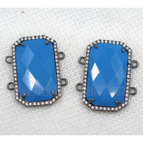 blue crystal glass connector paved rhinestone, faceted rectangle, black plated