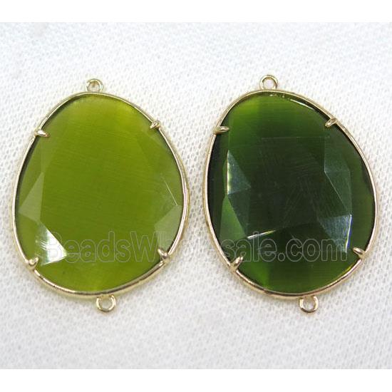 olive crystal glass connector, faceted teardrop, gold plated