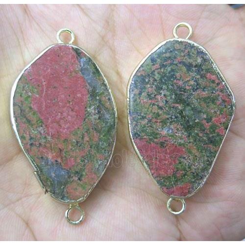Unakite connector, green, freeform, gold plated
