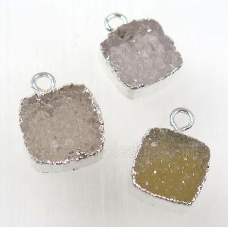 druzy agate pendant, natural color, square, silver plated