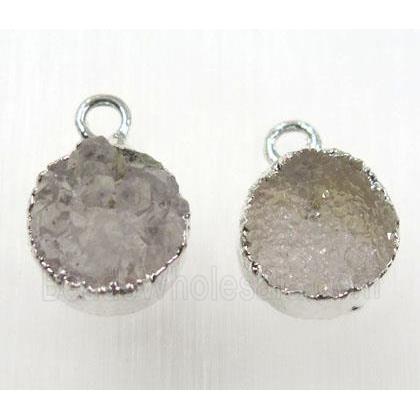 druzy agate pendant, natural color, flat round, silver plated