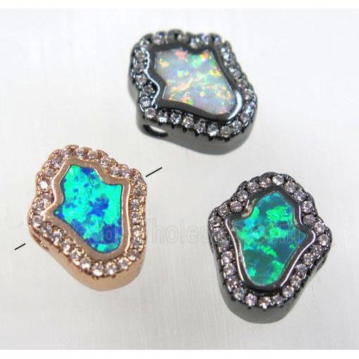 synthetic Fire Opal hamsahand bead paved zircon, copper, mix color