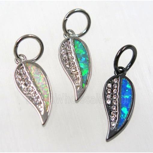 synthetic Fire Opal Leaf pendant paved zircon, copper, mix color