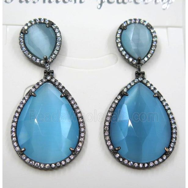 blue cat eye stone earring pave zircon, teardrop