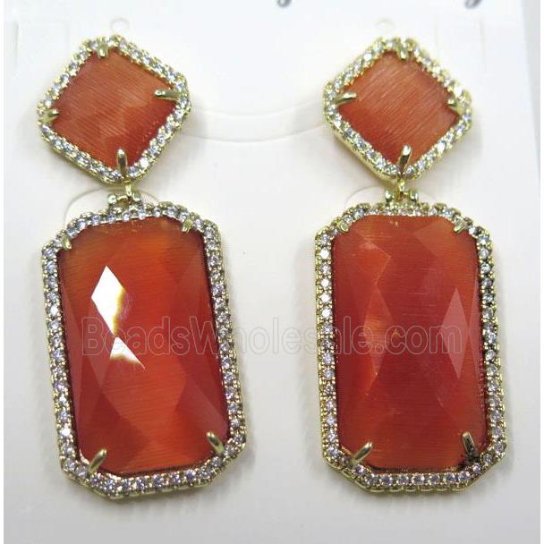 red cat eye stone earring pave zircon, rectangle