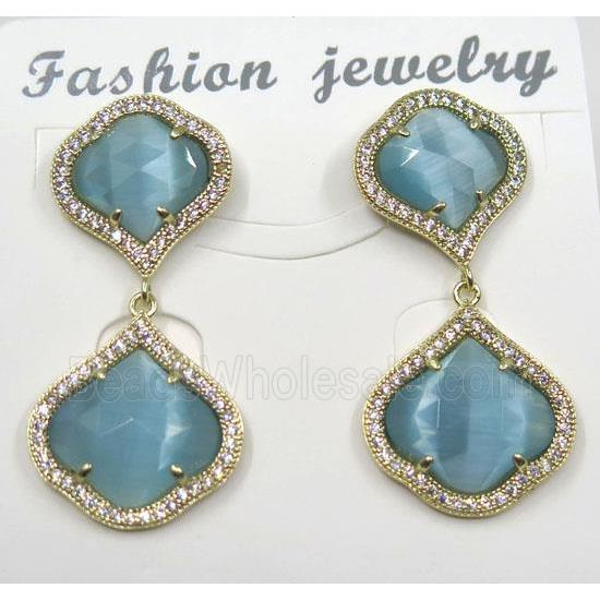 aqua cat eye stone earring pave zircon, clover