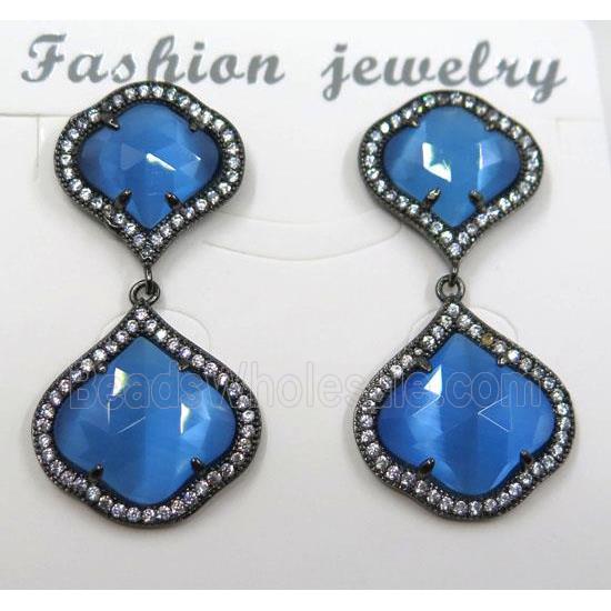 blue cat eye stone earring pave zircon, clover