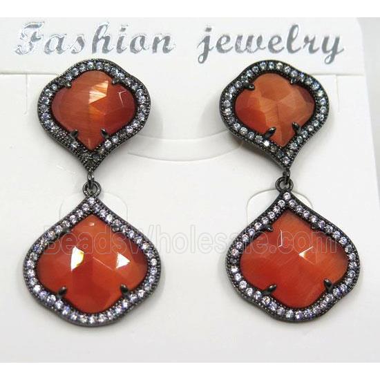 red cat eye stone earring pave zircon, clover