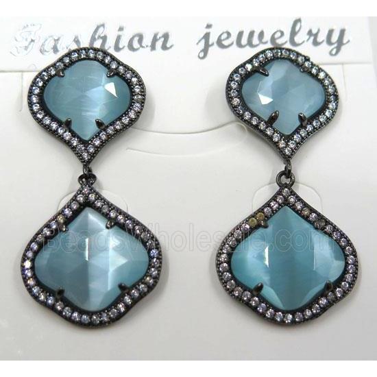 aqua cat eye stone earring pave zircon, clover