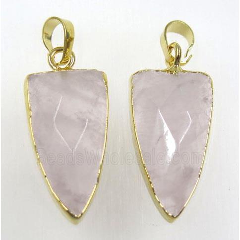 rose quartz arrowhead pendant, lt.pink, gold plated