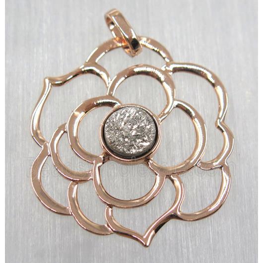 silver druzy quartz pendant, copper flower, rose gold plated