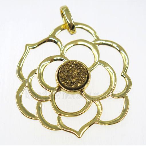 golden druzy quartz pendant, copper flower, gold plated