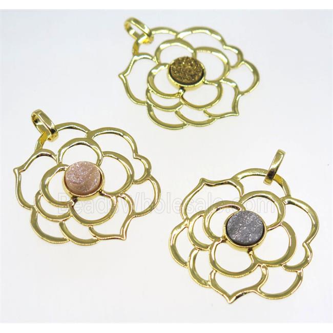 mix quartz druzy pendant, copper flower, gold plated