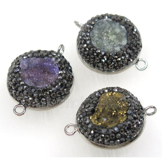 druzy Quartz connector paved rhinestone, flat-round, mix color