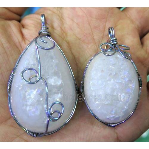 white ab color druzy Quartz pendant, freeform, wire wrapped