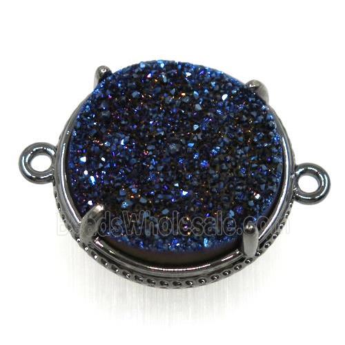 dark blue druzy agate connector, flat round, black plated