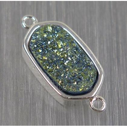 green druzy quartz connector, oval, silver plated