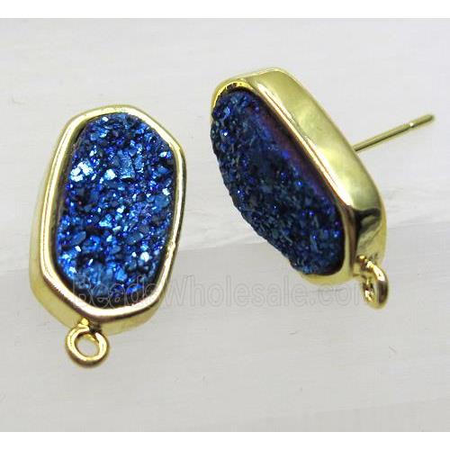 blue druzy quartz earring studs, gold plated