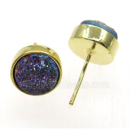 rainbow druzy quartz earring studs, flat-round, gold plated