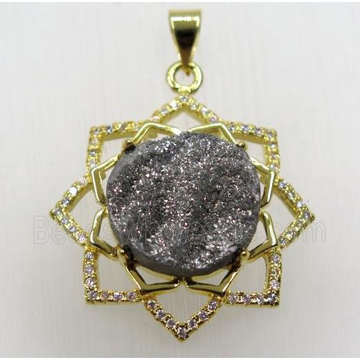 silver solar agate druzy pendant, gold plated