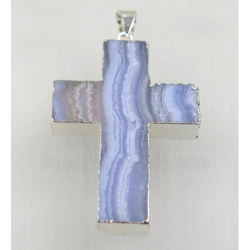 blue lace agate cross pendant, 925 silver plated