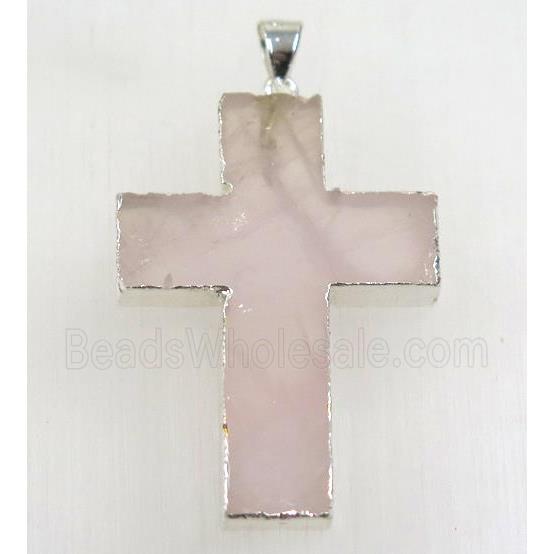 rose quartz cross pendant, 925 silver plated