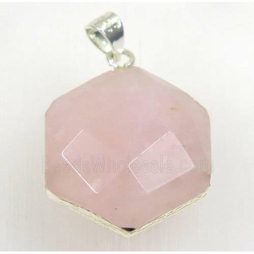 Rose Quartz hexagon pendant, 925 silver plated