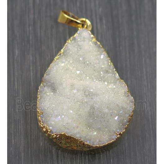 white ab-color druzy quartz teardrop pendant, gold plated