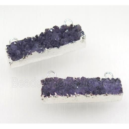 Amethyst druzy rectangle pendant with 2loops, silver plated