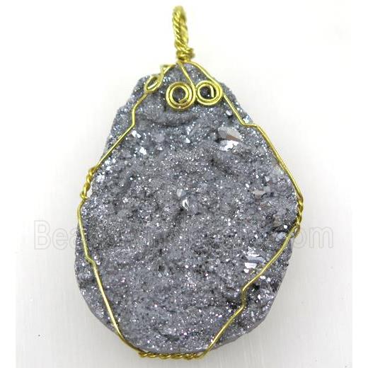 silver solar agate druzy slice pendant with wire wrapped, freeform