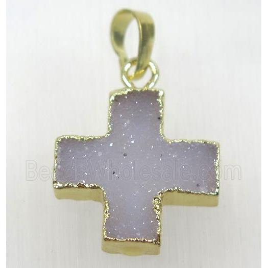 natural druzy agate cross pendant, gold plated