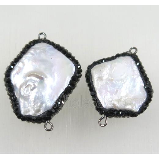 white freshwater pearl connector paved black rhinestone, freeform