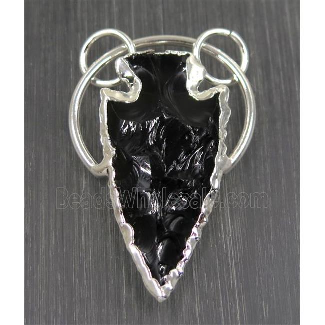 clear quartz pendant, arrowhead, black, silver plated