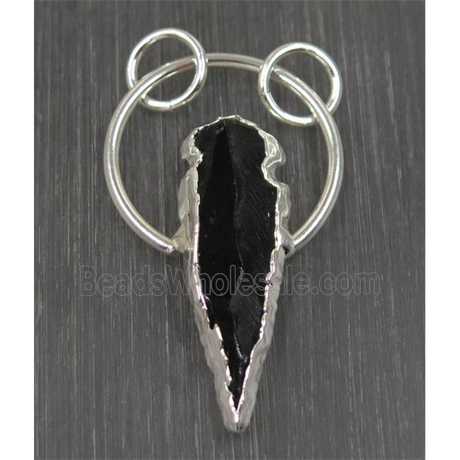 clear quartz pendant, arrowhead, black, silver plated