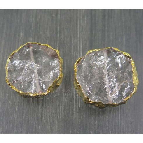 Hammered Clear Quartz beads, flat round, gold plated