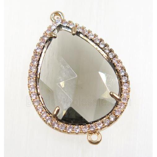gray crystal glass connector pave zircon, faceted teardrop, gold plated