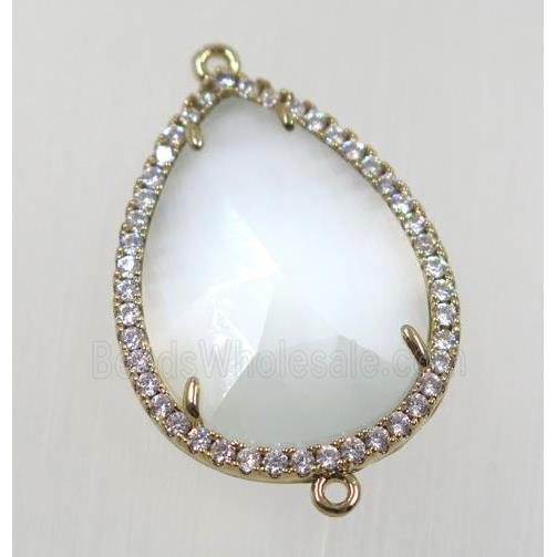 white cats eye stone connector pave zircon, faceted teardrop, gold plated