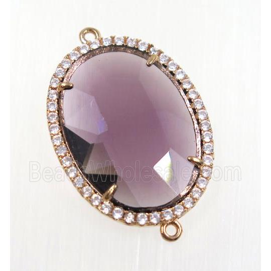purple crystal glass connector pave zircon, faceted oval, gold plated