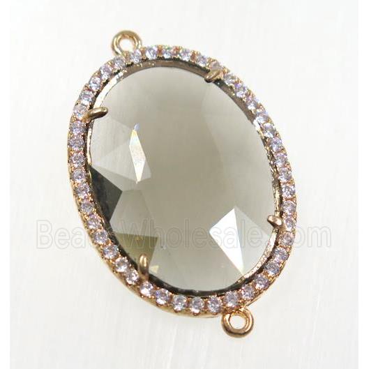 gray crystal glass connector pave zircon, faceted oval, gold plated