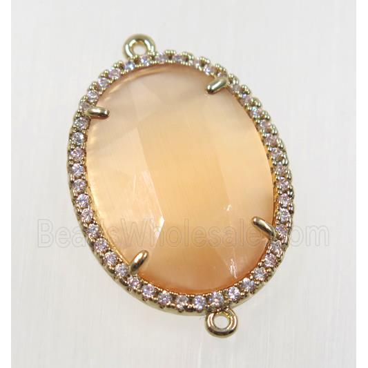 orange crystal glass connector pave zircon, faceted oval, gold plated