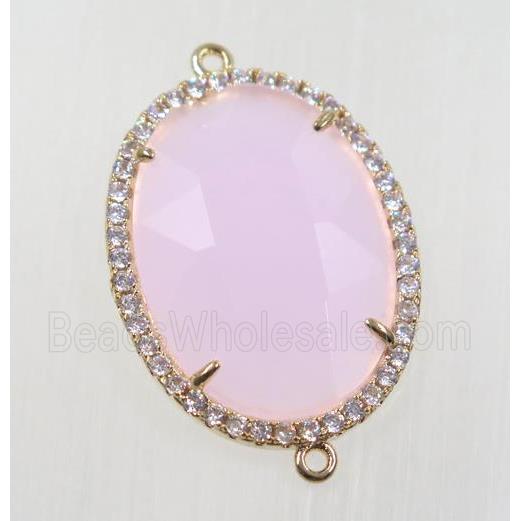pink crystal glass connector pave zircon, faceted oval, gold plated