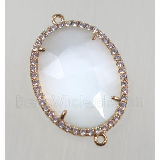 white cats eye stone connector pave zircon, faceted oval, gold plated
